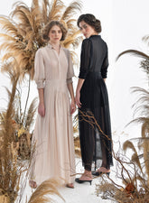 Long Sleeve Organza Dress with Flowing Skirt and Sheer Overlay – Elegant Evening Silhouette